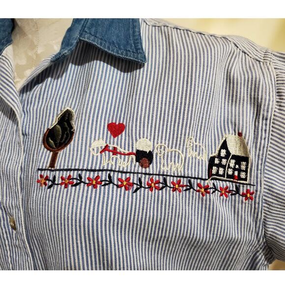 Lets Quizz Again Womens Vintage Embroidered Country Button Up Top Size M Striped - Picture 3 of 9